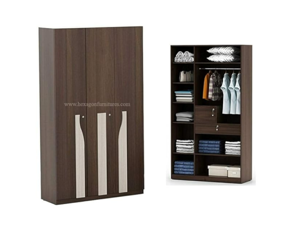 Three Door Wardrobe Without Mirror | Engineered Wood | Brown