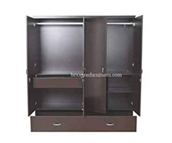 Engineered Wood Four Door Wardrobe with Single Mirror | Dark Brown