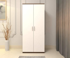 Engineered Wood Double Door Wardrobe | Finish – Natural Walnut with Frosty White