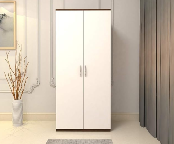 Engineered Wood Double Door Wardrobe | Finish – Natural Walnut with Frosty White