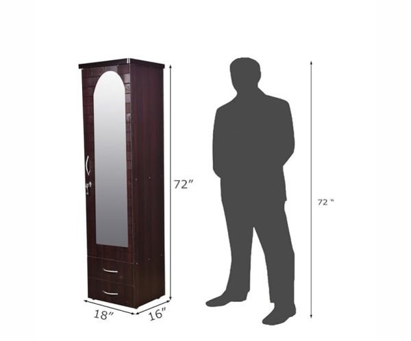 Brick Textured Engineered Wood Single Door Wardrobe with Mirror | Brown