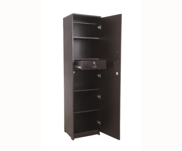 Engineered Wood Single Door Wardrobe with Mirror and Drawer | Black