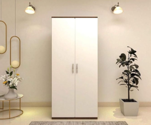 Premium Engineered Wood Double Door Wardrobe | Finish – Natural Walnut with Frosty White