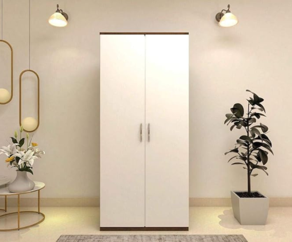 Premium Engineered Wood Double Door Wardrobe | Finish – Natural Walnut with Frosty White