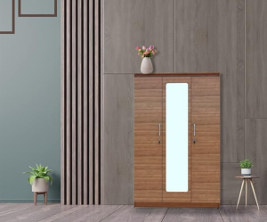 Three Door Wardrobe with Mirror in Amber with Urban Teak Finish