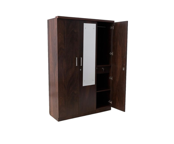 Three Door Wardrobe in Walnut Finish with Mirror