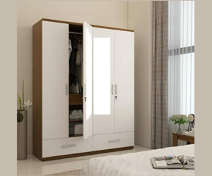 Four Door Wardrobe High Glossy Frosty White with Mirror and Drawers | Engineered Wood