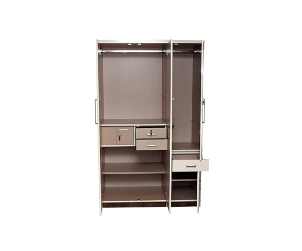 Modern Amenities Engineered Wood Three Door High Glossy Wardrobe with Mirror | White and Brown