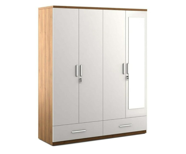 Four Door Wardrobe White and Walnut with Mirror and Drawer