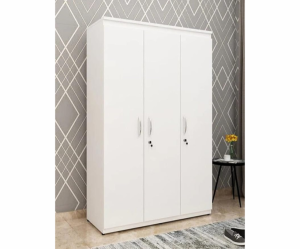 Engineered Wood Three Door Wardrobe With Drawer And Hanging Space | High Glossy Frosty White