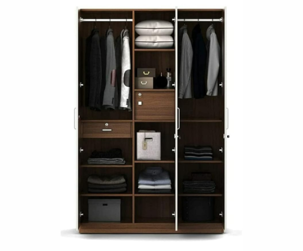 Three Door Wardrobe Frosty White high Glossy and Walnut Finish with Drawer and Locker | Mirror