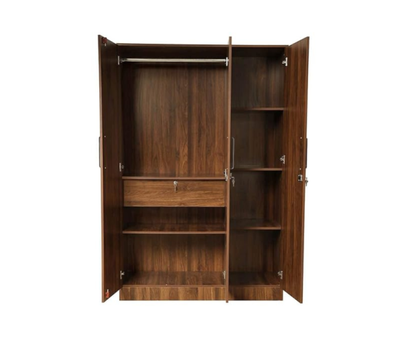 Three Door Wooden Wardrobe with Mirror | Engineered Wood Wardrobe | Brown