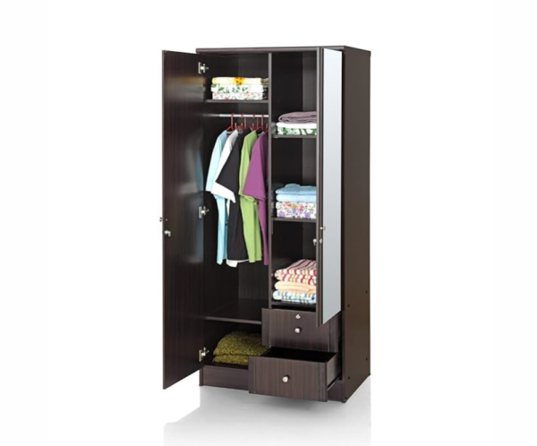 Engineered Wood Double Door Spacious Designer Wardrobe Wenge Colored With Multi Shelves Inside