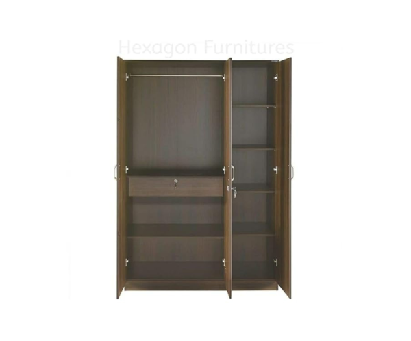 Engineered Wood Three Door Wardrobe with Full Mirror | Walnut Finish