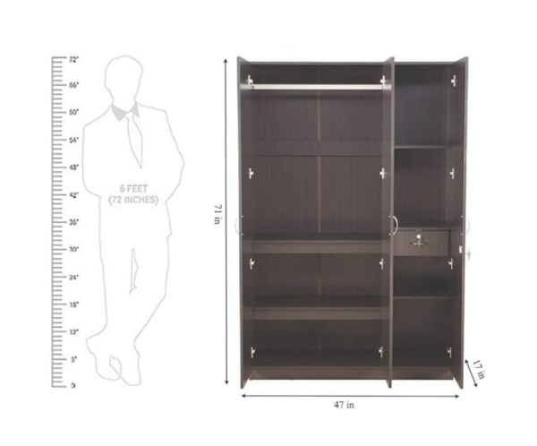 Three Door Wardrobe with Full Mirror | Walnut Finish | Engineered Wood