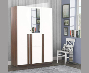 Engineered Wood Three Door Wardrobe with 1 Mirror | White and Brown