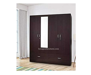 Engineered Wood Four Door Wardrobe with Single Mirror | Dark Brown