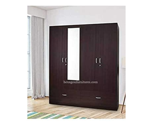 Engineered Wood Four Door Wardrobe with Single Mirror | Dark Brown