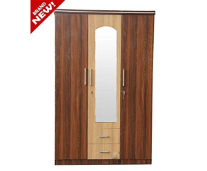 Deluxe Three Door Wooden Wardrobe with Mirror | Brown