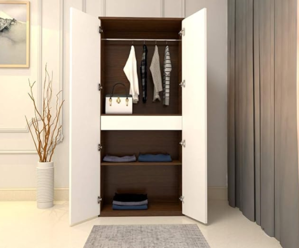 Engineered Wood Double Door Wardrobe | Finish – Natural Walnut with Frosty White