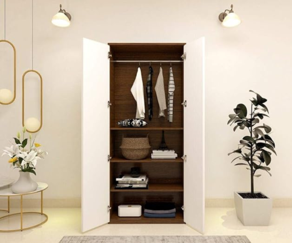 Premium Engineered Wood Double Door Wardrobe | Finish – Natural Walnut with Frosty White
