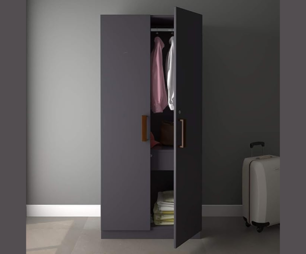 Engineered Wood Double Door Wardrobe | Finish Color - Slate Grey