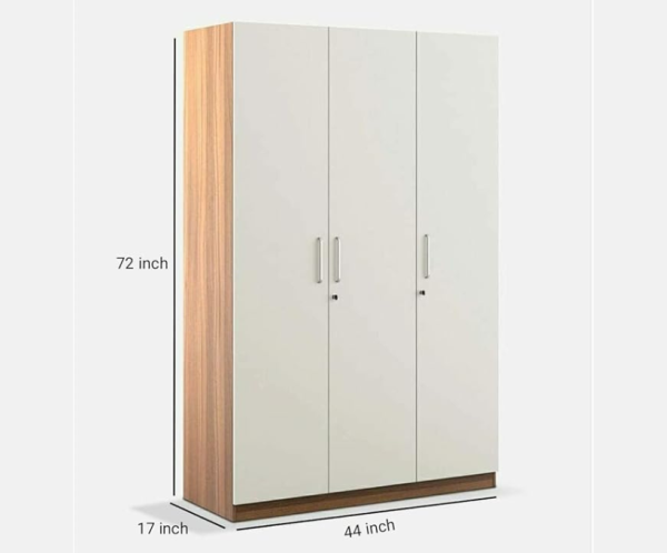 Three Door Wardrobe Frosty White high Glossy and Walnut Finish with Drawer and Locker | Mirror