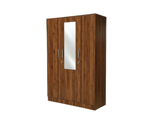 Three Door Wooden Wardrobe with Mirror | Engineered Wood Wardrobe | Brown