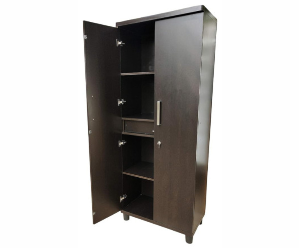 Double Door Wardrobe with Drawer in Dark Walnut Color