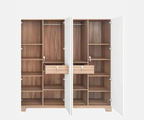 Engineered Wood Four Door Wardrobe With Multiple Shelves And Drawers For Bedroom