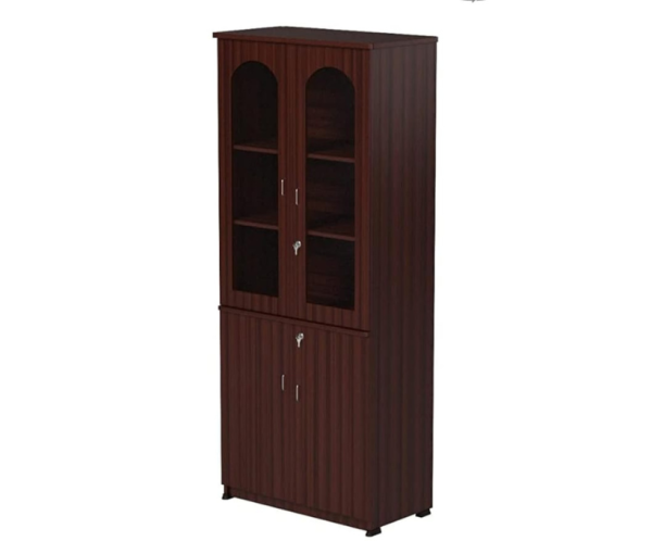 Two Door Multimedia Unit Engineered Wood Matte Book Shelf Book Cabinet With Glass Doors | Maroon