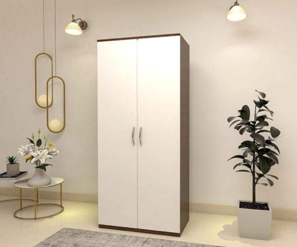 Premium Engineered Wood Double Door Wardrobe | Finish – Natural Walnut with Frosty White