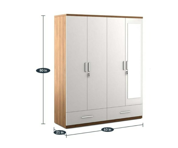Four Door Wardrobe White and Walnut with Mirror and Drawer
