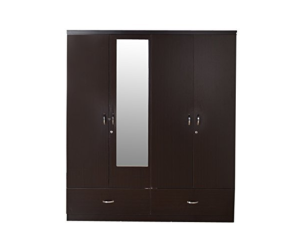Engineered Wood Four Door Wardrobe in Brown Color with Mirror