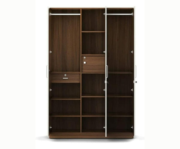 Three Door Wardrobe Frosty White high Glossy and Walnut Finish with Drawer and Locker | Mirror