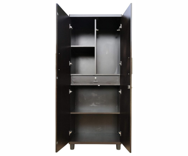 Double Door Wardrobe with Drawer in Dark Walnut Color