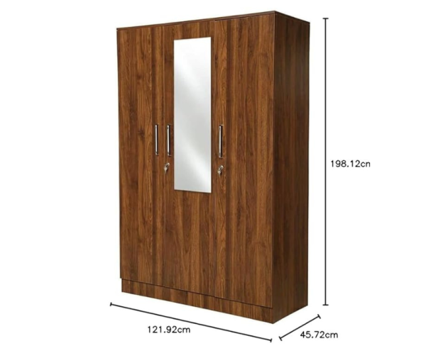 Three Door Wooden Wardrobe with Mirror | Engineered Wood Wardrobe | Brown