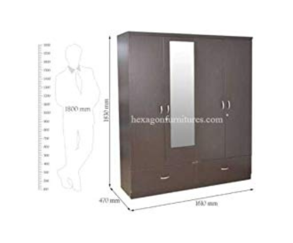 Engineered Wood Four Door Wardrobe with Single Mirror | Dark Brown