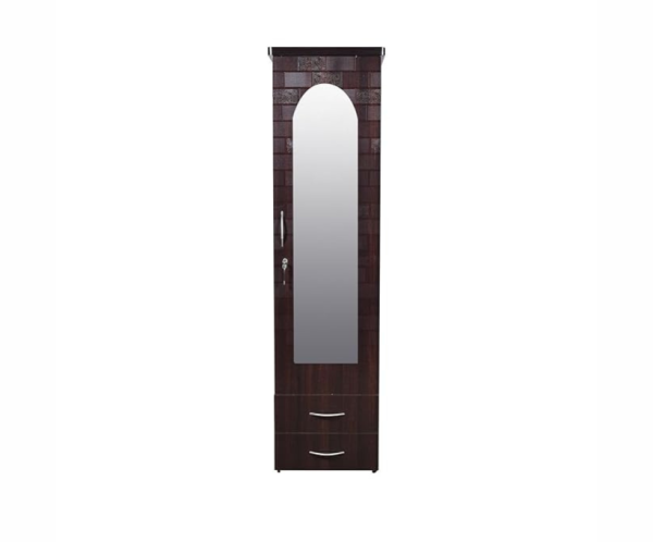 Brick Textured Engineered Wood Single Door Wardrobe with Mirror | Brown