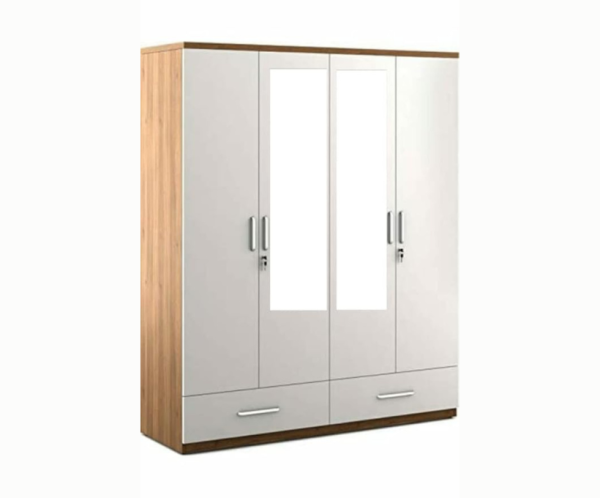 Four Door Wardrobe High Glossy Frosty White with Mirror and Drawers | Engineered Wood