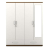 Four Door Wardrobe White and Walnut with Mirror and Drawer