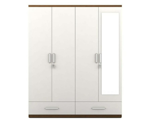 Four Door Wardrobe White and Walnut with Mirror and Drawer