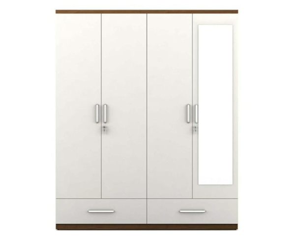 Four Door Wardrobe White and Walnut with Mirror and Drawer