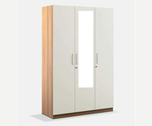 Three Door Wardrobe Frosty White high Glossy and Walnut Finish with Drawer and Locker | Mirror