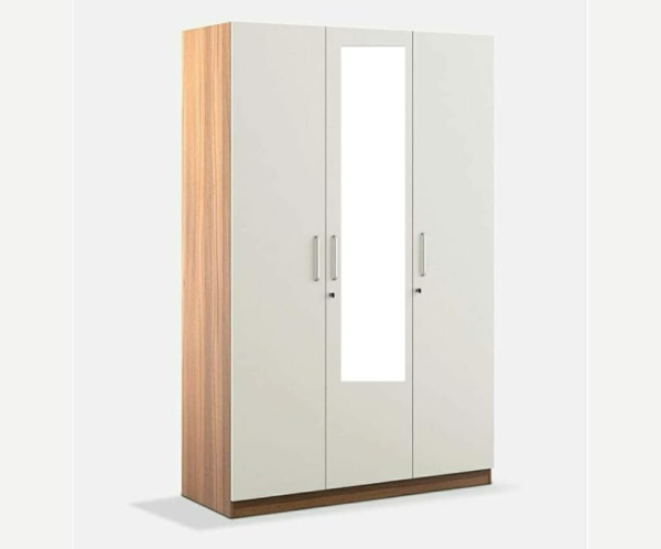 Three Door Wardrobe Frosty White high Glossy and Walnut Finish with Drawer and Locker | Mirror