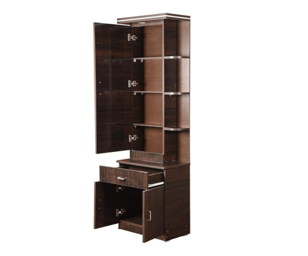 Engineered Wood Modern Dressing Table with Glass Storage and Drawer and Door | Brown