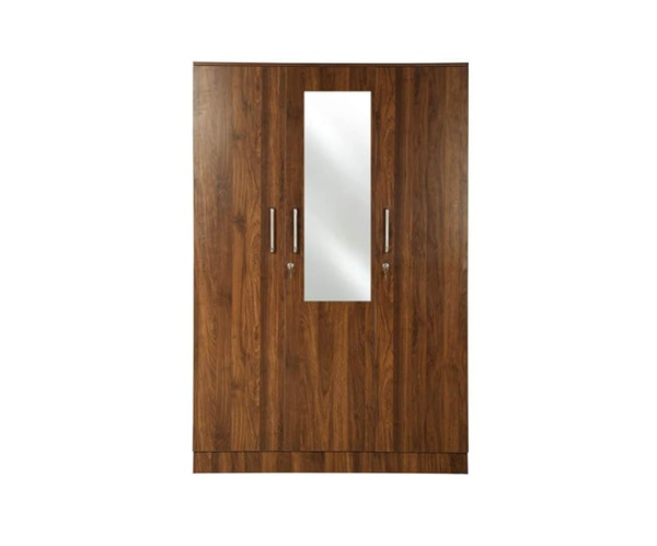 Three Door Wooden Wardrobe with Mirror | Engineered Wood Wardrobe | Brown