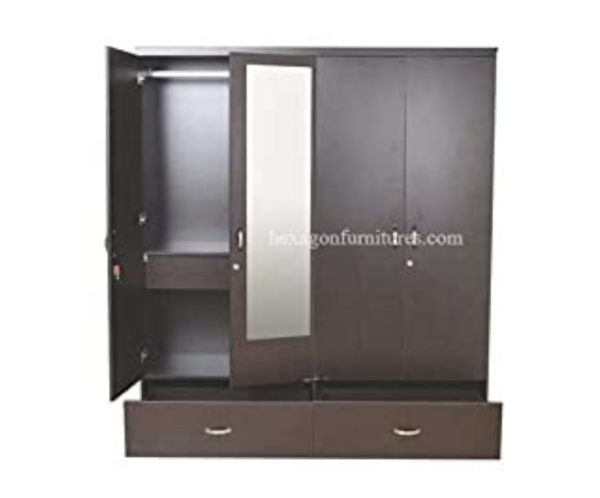 Engineered Wood Four Door Wardrobe with Single Mirror | Dark Brown