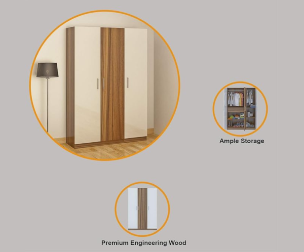 Engineered Wood Three Door Wardrobe | Asian Walnut & White