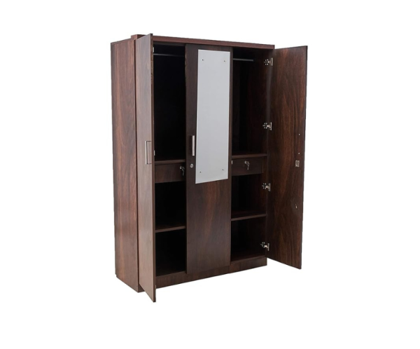 Three Door Wardrobe in Walnut Finish with Mirror
